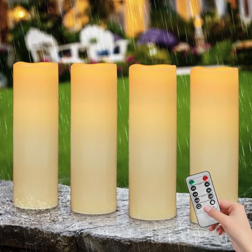 Image of Kimjo 14 inch x 4 inch Large Outdoor Waterproof Candles with Timer Remote, 4 Pack | Ivory, Battery Operated LED Flameless Pillar Candles, Electric Flickering Fake Candles for Patio, Lanterns, Porch Decor