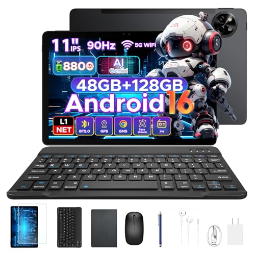 Easerush P11 Tablet 11 Pulgadas IPS 90Hz con Gemini AI, 48GB RAM+128GB ROM/TF 2TB, 8800mAh, Tablet Android 16, T7250, Widevine L1, Face ID, 13MP+5MP, Tablet con Teclado y Lápiz, Ratón, 5G WiFi, Negro