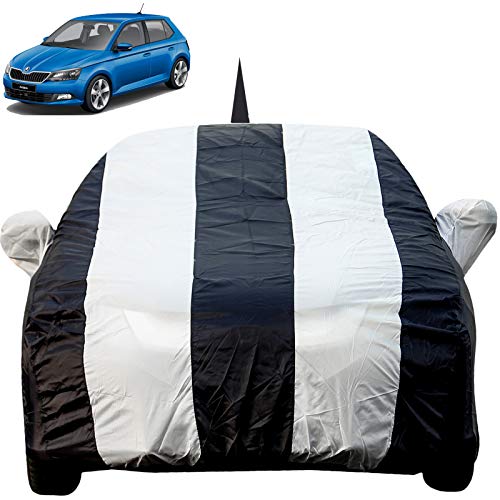 Image of Autofact Car Body Cover for Skoda Fabia with Mirror and Antenna Pocket (Light Weight, Triple Stitched, Heavy Buckle, Bottom Fully Elastic, White Stripes with Navy Blue Color)