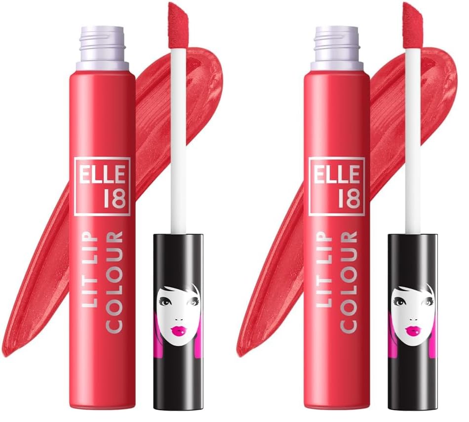 Image of Elle 18 Lit Lip, Matte Finish, Deep Coral, 16 hrs Long Lasting Liquid Lipstick, Smudge and Transfer Proof Lipstick, One-stroke application, Quick Drying | 5.6 ml (Pack of 2)