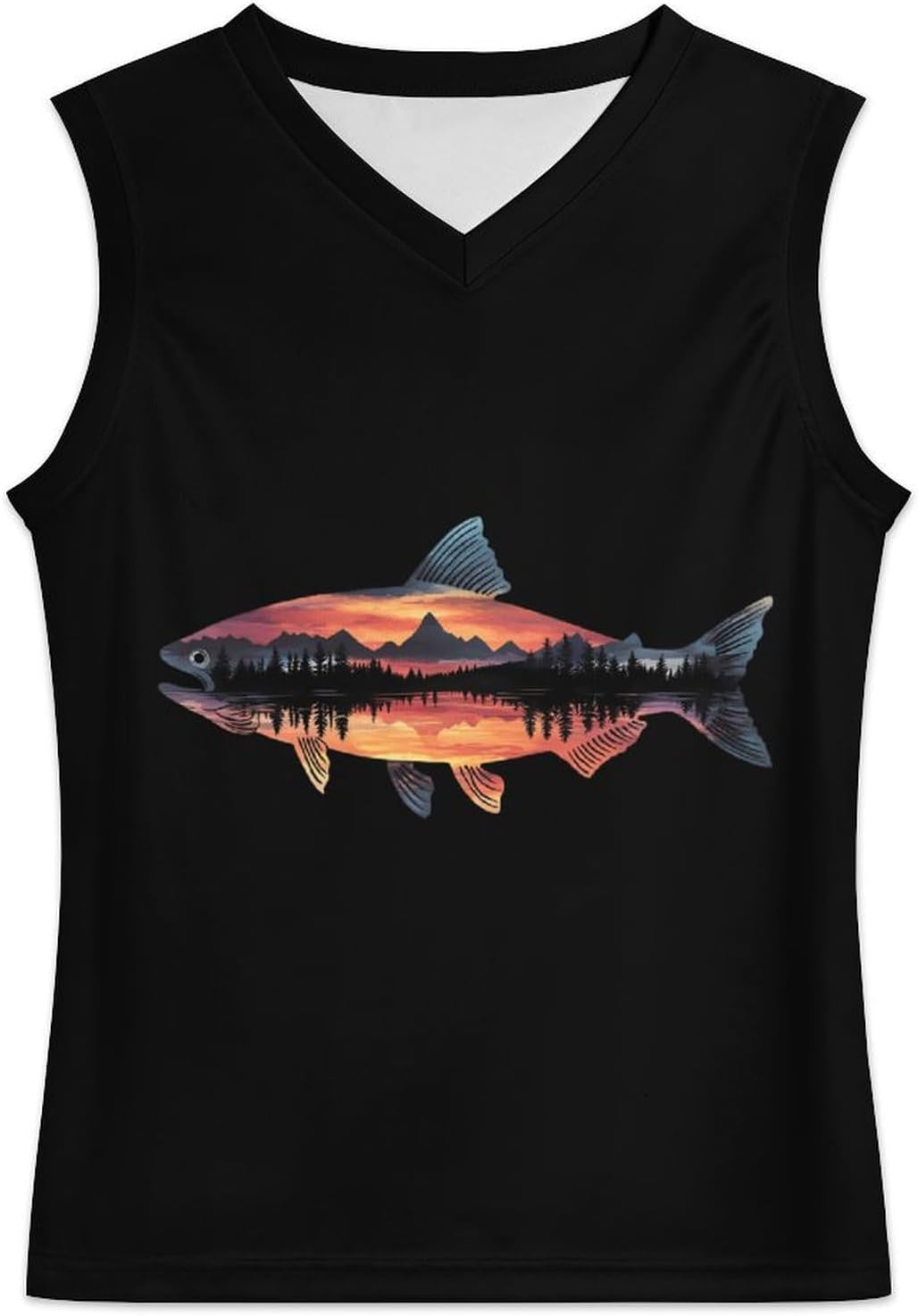 Salmons Fish Mountains Men's V-Neck Basketball Tank Top Sleeveless Workout Tank Shirts Gym Fitness Tees Vest