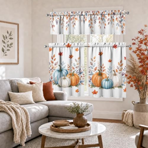 Image of Fall Pumpkin Kitchen Curtains 3 Piece Set Tier Valance