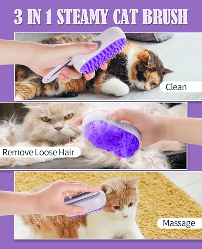 Image of Cat Steam Brush for Shedding - 3 in 1 Pet Steam Brush for Dogs and Cats - Adjustable Dog Steamy Brushes for Grooming and Massage, Removing Tangled and Loose Hair (Purple)