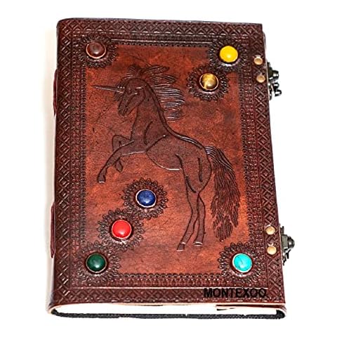 Vintage Large Leather Journal With Lock Unicorn Crystal Seven Stone dnd Handmade Notebook Sketchbook Travel Blank Pages Diary Cover