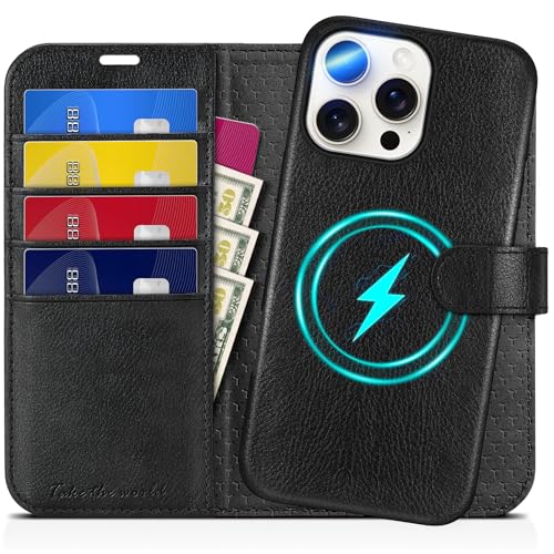 TUCCH Case for iPhone 16 Pro Max, [Detachable] 2 in1 Magnetic PU Leather Wallet RFID Blocking [Wireless Charging] 4 Card Slot Kickstand Removable Cover for iPhone 16 Pro Max, Textured Black by TUCCH - Used condition - US$22.99