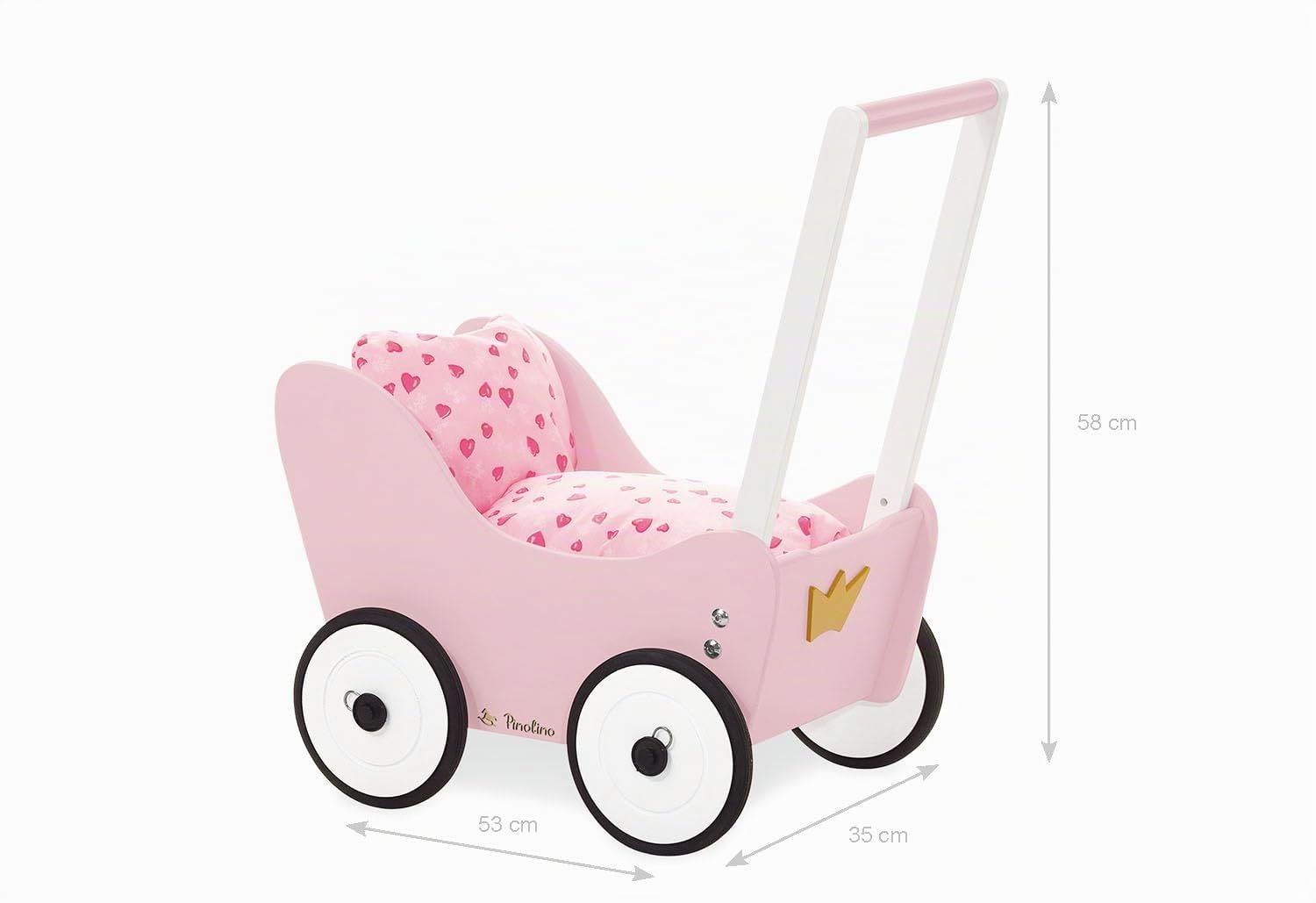 Pinolino Puppenwagen Prinzessin Lea, aus Holz, mit Bremssystem, Lauflernhilfe mit gummierten Holzrädern, für Kinder von 1 – 6 J., rosa, weiß und gold