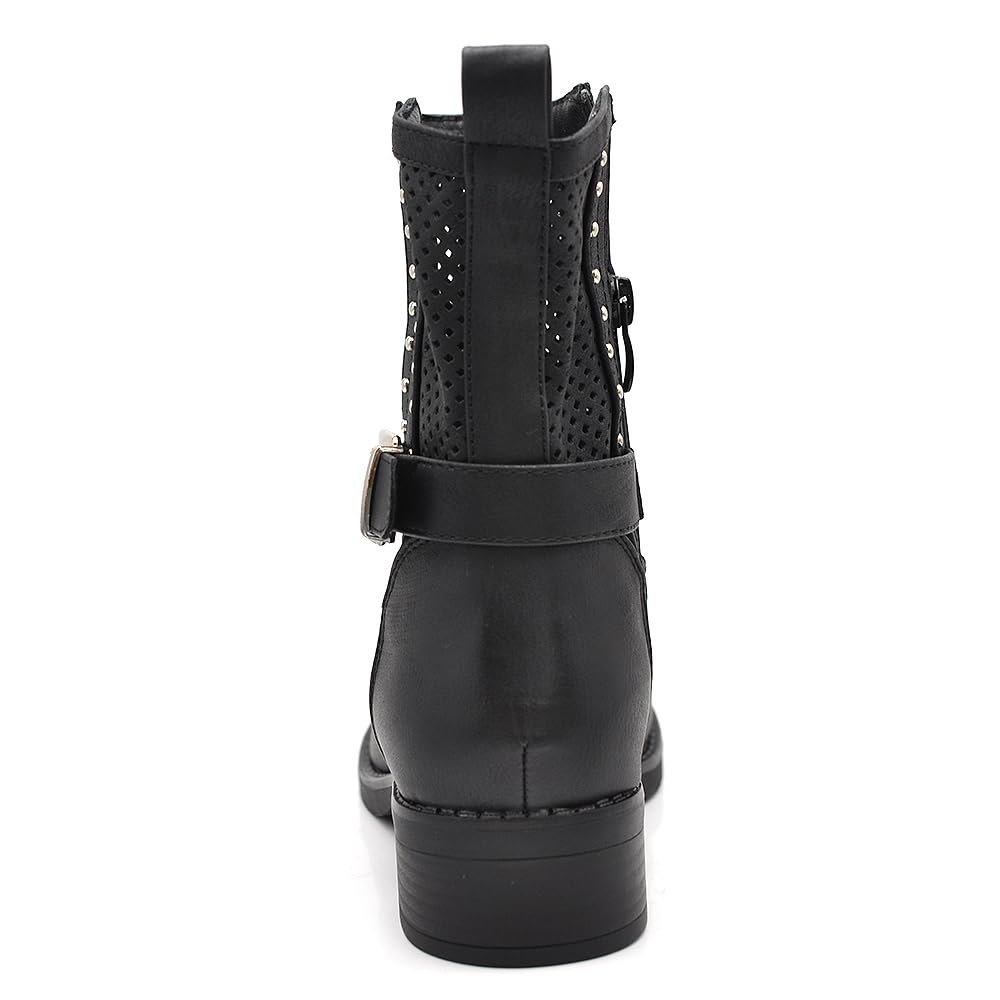 IF Botas de motorista para mujer, perforadas con hebillas para primavera, verano, piel sintética, efecto vaquero, GR-6656