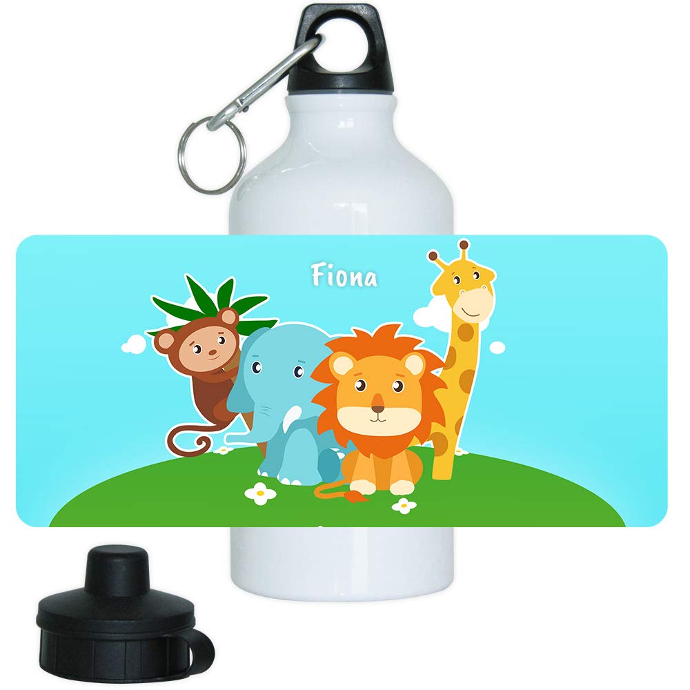 Personal. Alu-Trinkflasche Mit Namen „Fiona“ & Tiermotiv (Affe, Elefant, Löwe, Giraffe) – 500 Ml, Mit Sport- & Drehverschluss