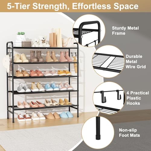 Image of VILICK 5 Tier Shoe Rack 33 inch Wide Metal Shoe Organizer Long Shoe Storage with 4 Side Hooks Sturdy Shoes Shelf for Closet, Front Door Entrance, Garage, Dorm, Black