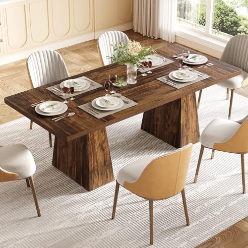 Image of LITTLE TREE Dining Table for 4-6 People, Wooden Table, Rectangle Furniture with Heavy Duty Legs, Modern Kitchen Table for Home, Dining Room, Brown
