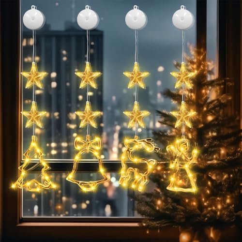 SRunDe 4 Piezas Luz Ventana Navidad con Ventosa 4 Ganchos Adhesivos 4 Gancho Clavos Iluminación Navideña Decoraciones Navideñas Estrellas Ángel Campanas Renos Árbol para Balcón Ventana Fiesta Navidad