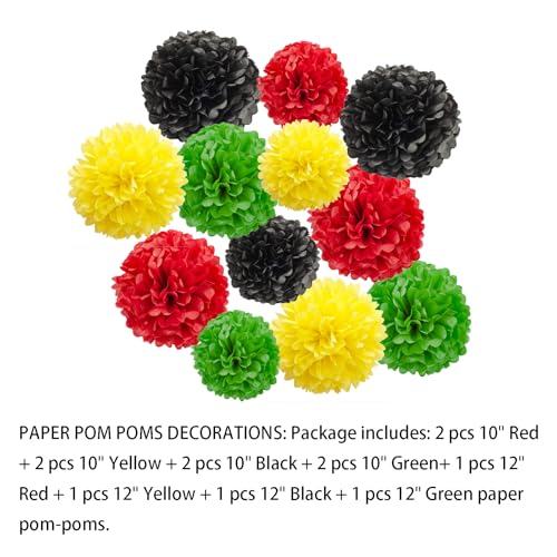 Image of Aimto 12pcs Black Red Green and Yellow Paper Pom Poms Decorations for Black History Party Decoration - 4 Colors of 12 Inch, 10 Inch