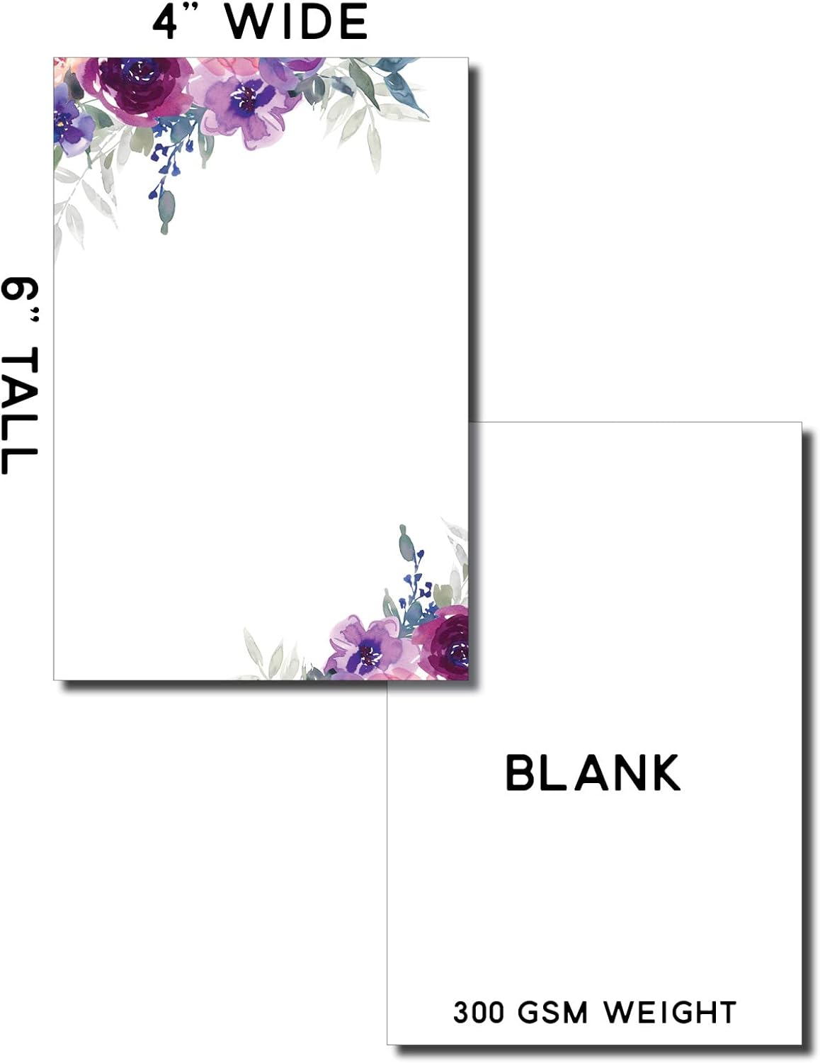 Debra Dale Designs "Purple Petals" Watercolor Notecards with Envelopes - 50-Pack 4"x6" Unlined - 300 GSM Thick Cardstock - Made in USA