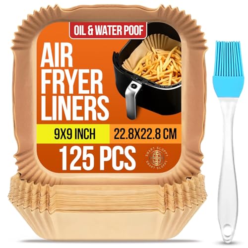 Disposable Air Fryer Liners 9 Inch Square - 125Pcs Non-Stick Parchment Paper, Oil-Proof & Waterproof for Easy Cleanup | Fits 5-8 QT Air Fryer Baskets (with brush)