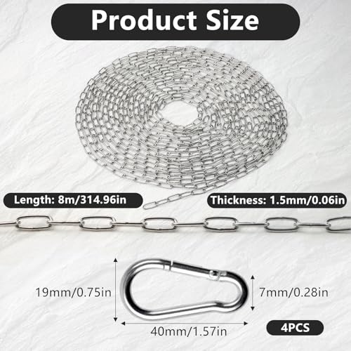 Edelstahlkette Meterware,1,5mm 8m Kette Edelstahl mit 4 Karabiner,Metall Rundstahlkette Korrosions für Hundekette,Stahlkette für Zauntore,Gartentore,Käfigtore für Haustiere