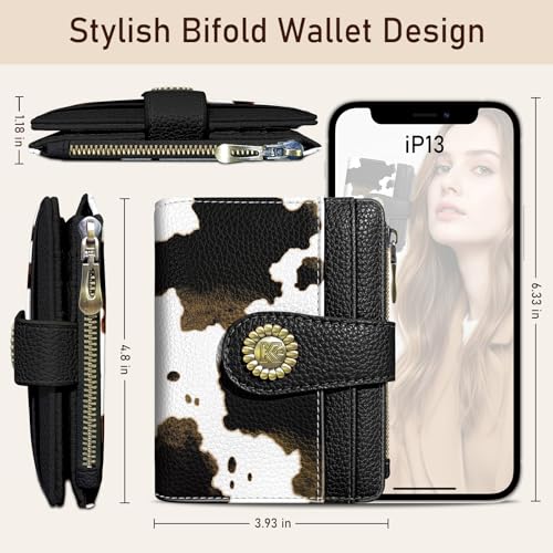 Image of Kelvoris Cow Print Black Small Rfid Women Wallet Bifold Zipper Coin Pocket | PU Leather Compact Cash Credit Card Holder Travel Purse for Female Ladies Teen Girls 1 ID Window 10 Card Slots