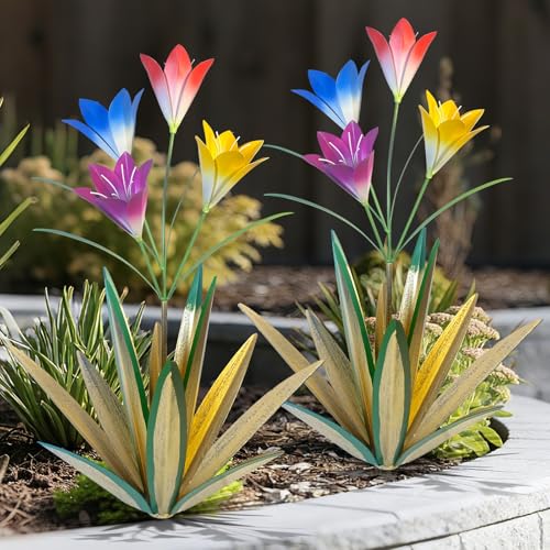 Image of TOMBABY 32.28 Inch Metal Agave Plant Outdoor Decoration Lily Mexican Yard Art Garden Gift Home Decor Hand Painted Metal Agave Garden Yard Statue (2pc, Grass Green)