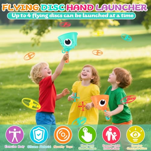 Muyohix Outdoor Spielzeug Kinder Ab 3-10 Jahre, 2 Packs Double Pull String Dinosaurier Propeller Spielzeug, 24 Discs Fliegende Untertasse Launcher Spiel-Zeug, Gartenspielzeug für Kinder ab 4-8 Jahre