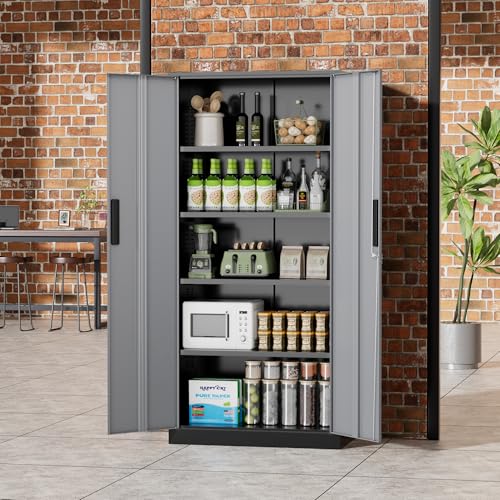 Image of Greenvelly Metal Storage Cabinet,72 inch Locking Metal Garage Storage Cabinet with Doors and 4 Adjustable Shelves, Lockable Steel Cabinet for Home Office, Garage, Shop, School (Black Grey 32 inch W x 16 inch D)