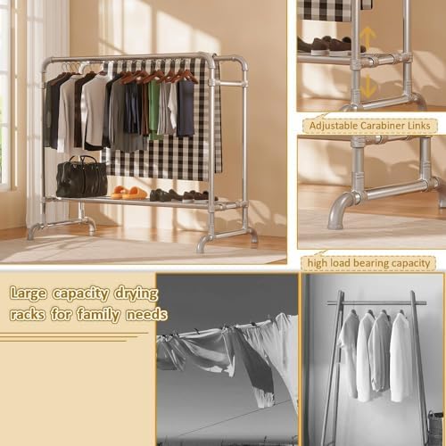 Adjustable Shoe Rack and Clothes Drying Rack with Coat Stand, Double Rods Steel Clothes Rail, Ideal for Bedroom, Office, Shop & Courtyard（200cm）