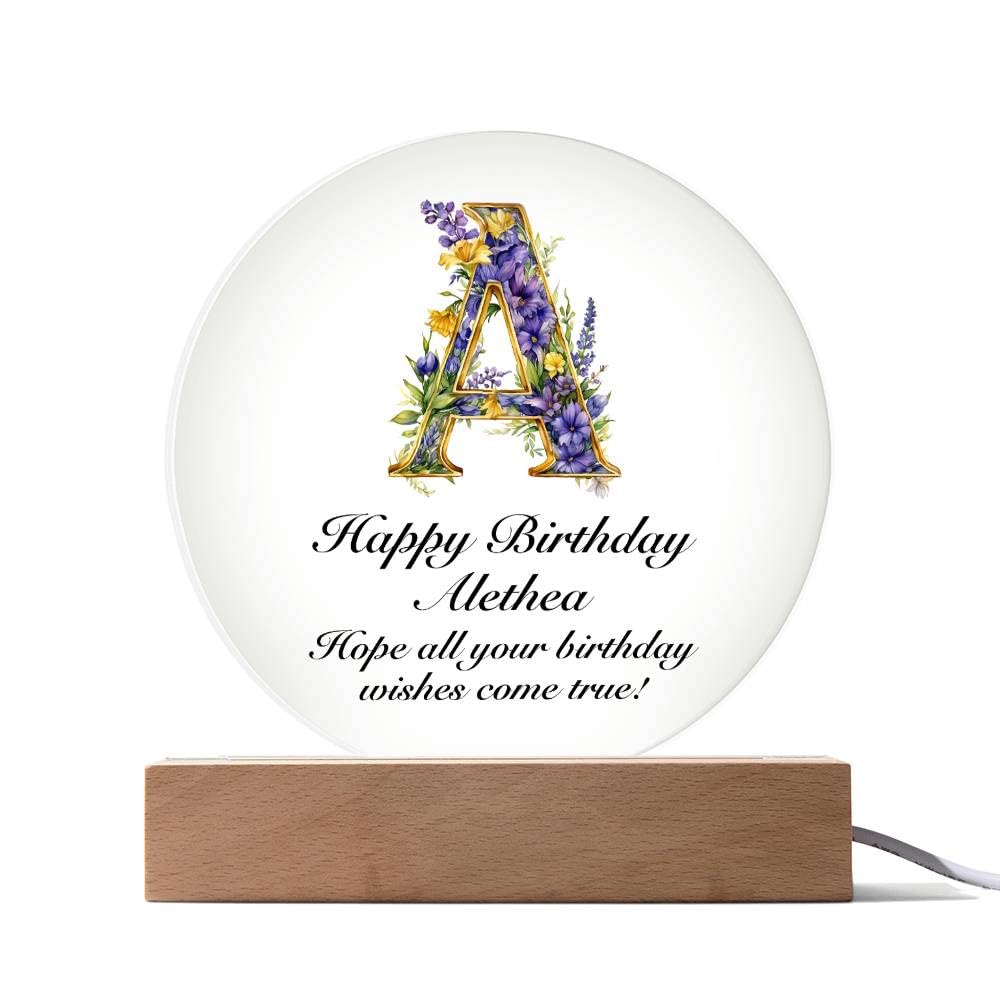 Amazon.com: Happy Birthday Alethea v02 - Circle Acrylic Plaque With LED  Lights Personalized Name : Home & Kitchen