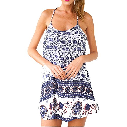PinRoad Women Ethnic Elephant Print Summer Beach Mini Tank Dresses