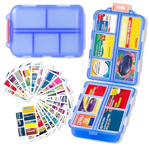 Image of Extra Large Pill Organizer with 161 Medicine Labels, Travel Pill Case | Blue Extra large case with 10 compartments for 7-day pill planning, vitamins, supplements, and travel