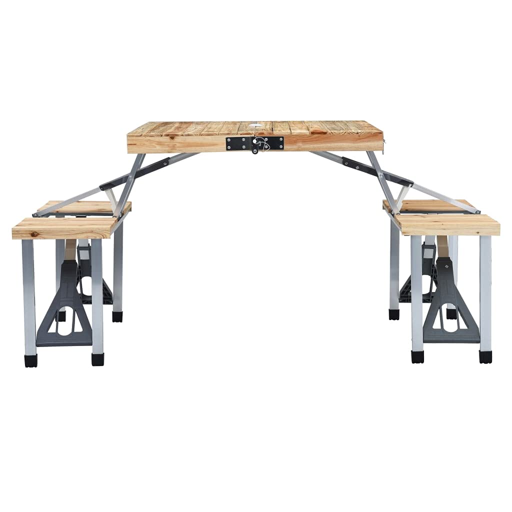 Klappbarer Campingtisch mit 4 Sitzen Stahl Aluminium | Tannenholz Tischplatte, Schirmloch, Koffer-Design für einfachen Transport, tragbar für Garten und Camping