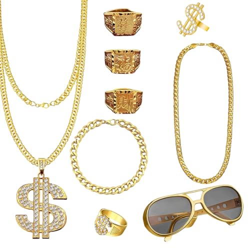 MUNSKT Déguisement Rappeur,Costume de Proxénète,Costume Hip-Hop Années 80 90,Hip Hop Chaîne en or Hommes Gangster Gang Lunettes de Soleil Chaîne pour Carnaval et...