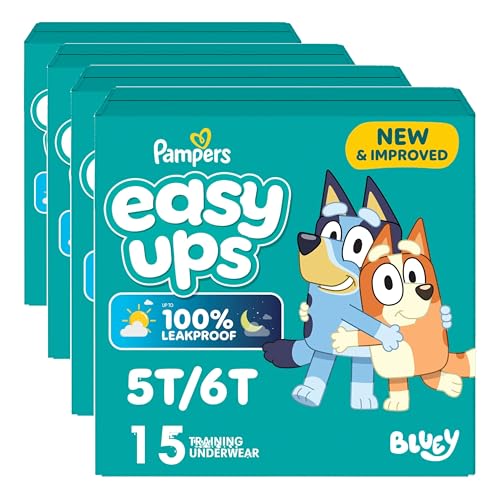 Image of Pampers Training Pants Boys & Girls 5T-6T | Bluey Design | Easy Pull Up & Down | For Potty Training | 15 Count, Pack of 4