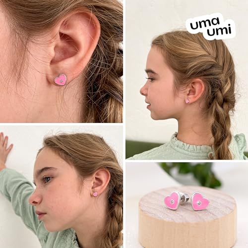 925 Sterling Silver Heart Stone Pink Stud Earrings for Girls Hypoallergenic Safety Screw Back Rhodium Plated - Heart Stone Pink Gifts Earrings for Baby Toddlers Little Teens Kids Jewelry3