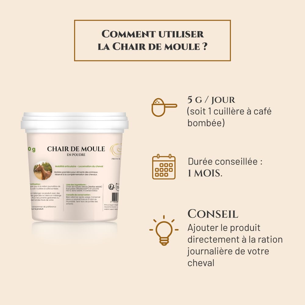 Chair DE Moule en Poudre Origine France - Complément nutritionnel Cheval - Pot 500 g - Apport en Gag et Oméga 3 - Souplesse articulaire, Locomotion, Flexibilité - Marque Française