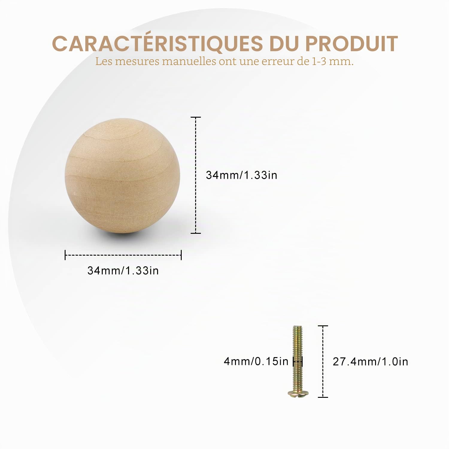 TIANLIN Lot de 10 poignées de meuble en bois 35 mm de diamètre 35 mm avec vis, surface lisse, pour armoires et tiroirs