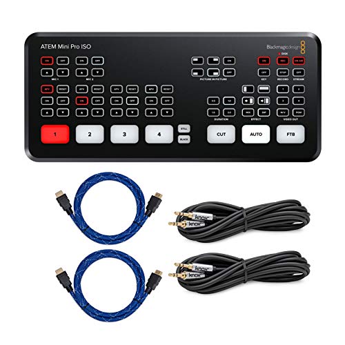 Best Review Blackmagic Design ATEM Mini Pro ISO with 2X Knox Gear Nylon-Braided 4K HDMI Cables and 2X Slim 3.5mm Male to Male Stereo Aux Cable Bundle (5 Items)