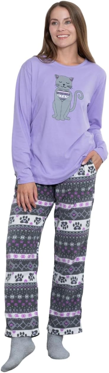 GreaterGood Nordic Paws Pajama Set for Women Long Sleeve Top Fleece Pants with Pockets Cozy Winter Animal Print Sleepwear