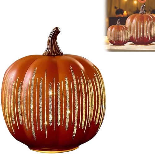 PEAMOO Illuminated Starry Night Glass Pumpkins,Twinkle Light For Halloween Decor,Timer Lighted Sparkling Starry Night Pumpkins, Fall And Thanksgiving Decorations For Home Farmhouse (Orange, L)