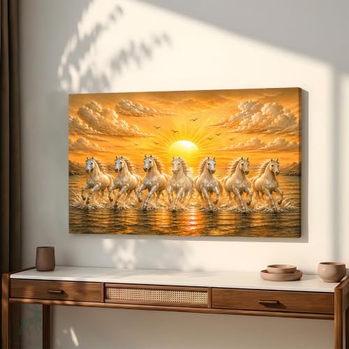 Image of PAINTINGMANTRA 7 White Running Horses Canvas Wall Art Painting For Living Room|Seven Running Horses Vastu Stretched Canvas Painting For Bed Room, Home & Office, 22x34 Inch