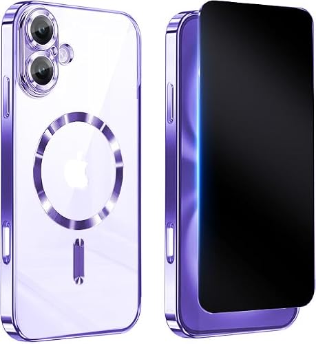 vphioxlr Magnetic for iPhone 17 Case Clear,with Privacy Screen Protector,Compatible with MagSafe [Non Yellowing] Full Camera Lens Protector Plating Soft Clear Phone Case for iPhone 17,Purple