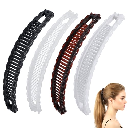 Nogeqi 4 Pcs Banana Hair Clips, Non-Slip Hair-Claws with Double Combs, Vintage Banana Clips for Women Thick Curly Hair, Ponytail Holder Styling Accessories