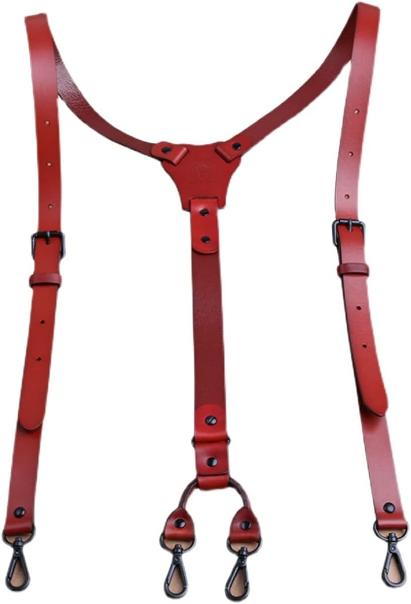 Suspenders Leather Suspenders for Men, Y Design with Hooks, Adjustable Mens Leather Suspenders Wedding & Party(Red)