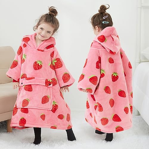 Image of KFUBUO Wearable Blanket Hoodie for Kids With Pocket Toddlers 2-6 Year Old | Strawberry, Sherpa, Heavy Material, Oversized Sweatshirt Blanket, Kids Blanket, Girl Boy Gifts, Cozy Gifts for Kids