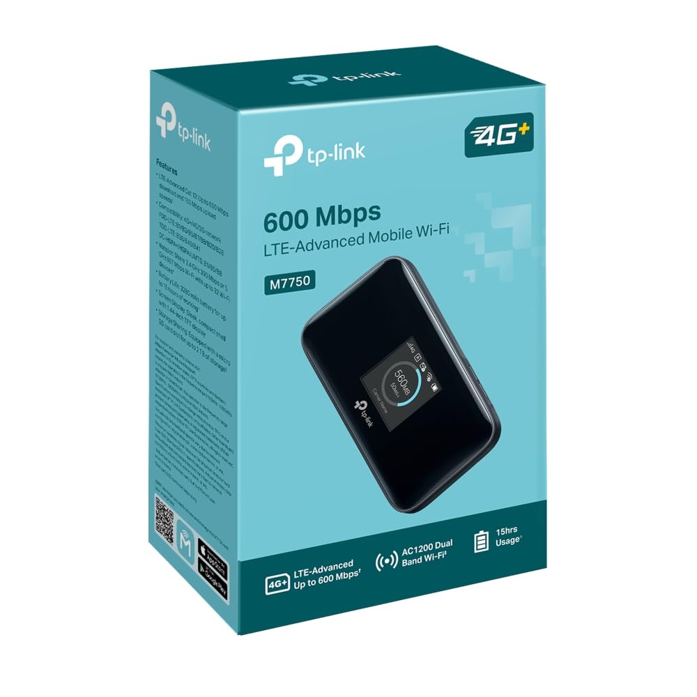 TP-Link M7750 Routeur 4G+ LTE Cat12 Portable, WiFi AC1200 Double Bande, Jusqu'à 600 Mbps, Carte Nano SIM, Batterie 15h, Écran Couleur, Jusqu'à 32 Appareils, tpMiFi App