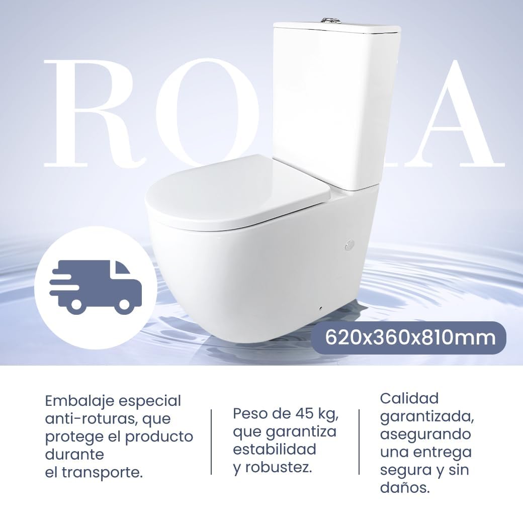 Inodoro Completo - WC Inodoro Completo con Sistema Rimless Antibacterias - Vater Baño con Tapa Dura Extrafina Amortiguada - Salida Dual Eficiente con Ahorro de Agua - WC para Hogar Blanco