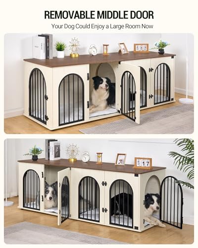 Dog Crate Furniture, 71″ Heavy Duty Dog Kennels with Divider, Pads, Side Table, TV Cabinet, Wooden Dog Crate Furniture for 2 Dogs, Small/Medium/Large Dog, Anti-Chew, Anti-Escape, White Brown Dog Crate Furniture, 71″ Heavy Duty Dog Kennels with Divider, Pads, Side Table, TV Cabinet, Wooden Dog Crate Furniture for 2 Dogs, Small/Medium/Large Dog, Anti-Chew, Anti-Escape, White Brown