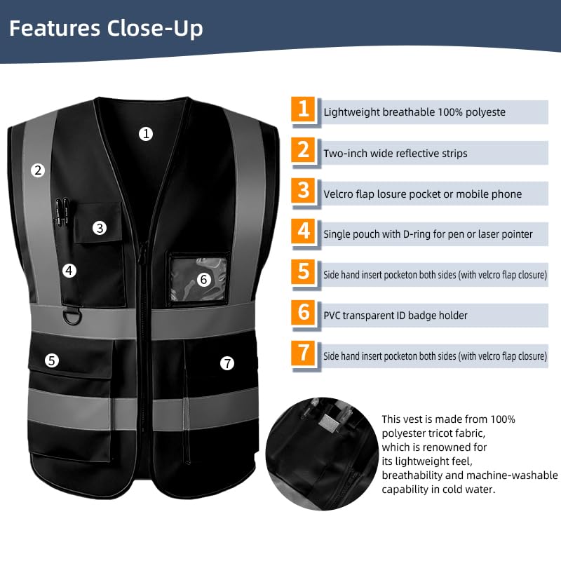 Image of High Visibility Safety Vest with Reflective Strips & Pockets | High Visibility | 360 Reflective Strips | 5 Pockets | Zipper Front | Lightweight Polyester | ANSI /ISEA 107 Class 2 Type R