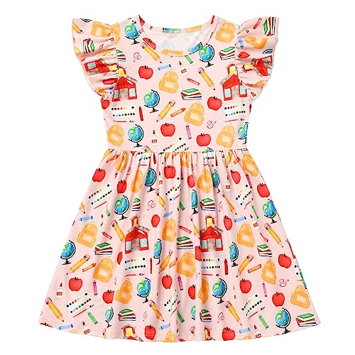Back to School Dress for Girls Toddler First Day of School Outfits Ruffle Sleeve Apple Pencil Bottom Summer Dresses