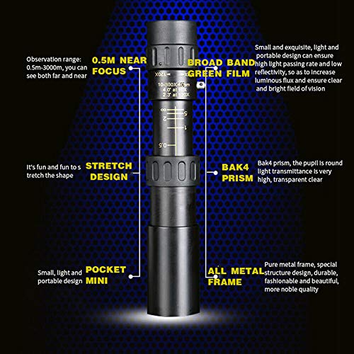 Telescópio monocular YOJINKE 4K 10-300 x 40 mm, monóculo HD com suporte para smartphone e tripé, mon