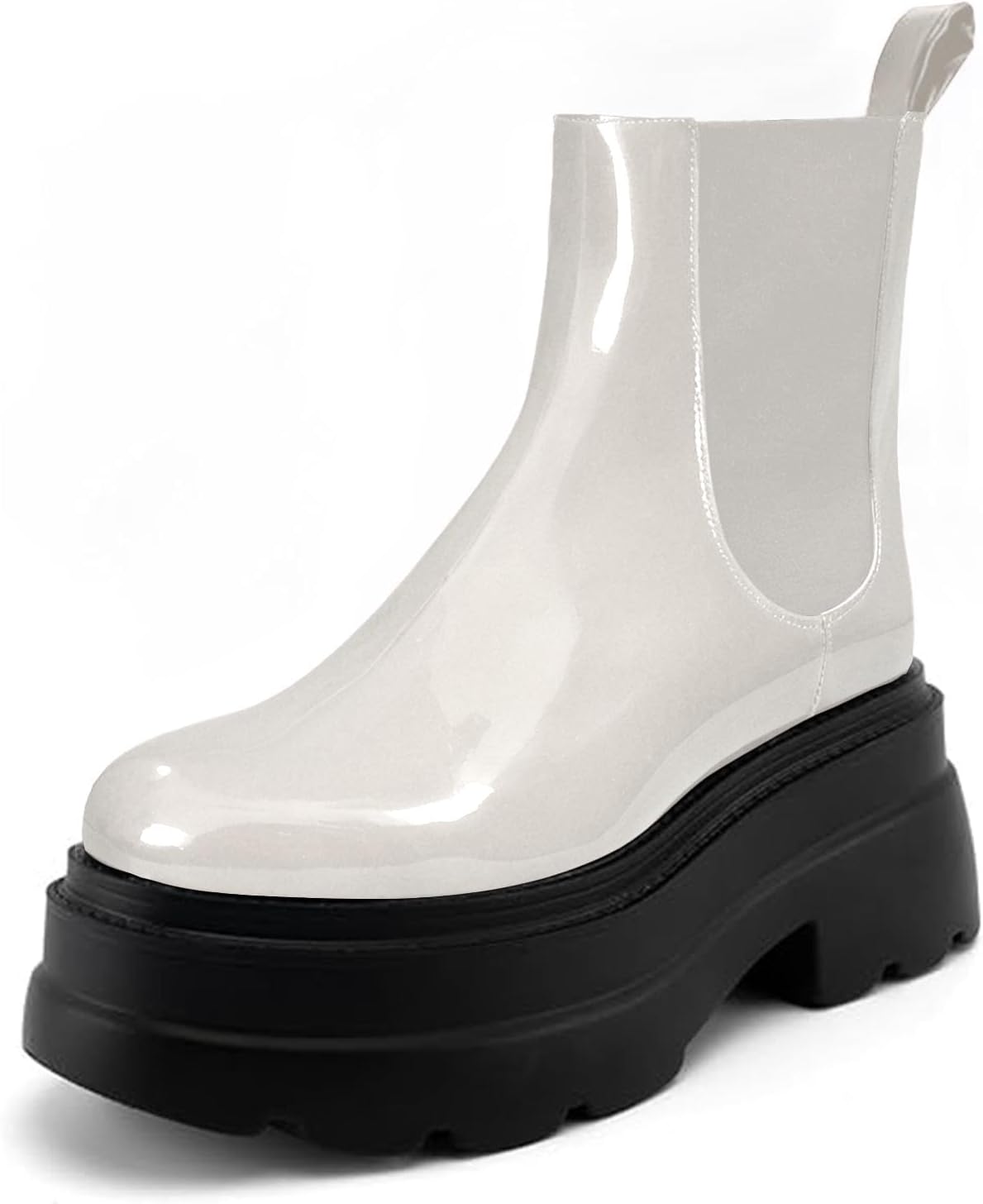Women's Chelsea Boots, Platform Ankle Boots with Lug Sole Slip-On Round Toe Short Boots Black