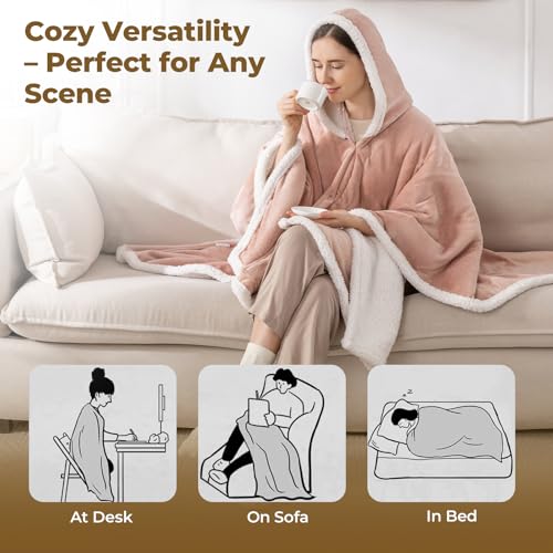 Kozyus Wearable Heated Throw Blanket, Heated Shawl Electric Wrap Poncho with Hood & Pockets for Women & Men, 5 Heat Settings, 3H Auto-Off, Machine Washable, ETL Certified, Gift-Ready, 56x63, Pink - Image 4