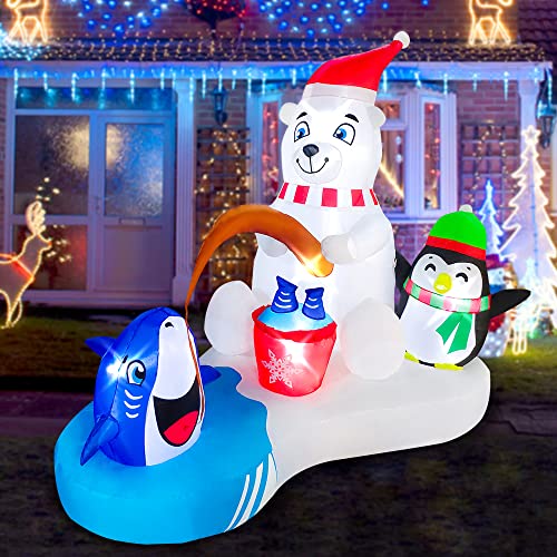 BLOWOUT FUN 6ft Length Christmas Inflatable Polar Bear Penguin Fishing Decoration, LED Blow Up Lighted Decor Indoor Outdoor Holiday Art Decor Decorations